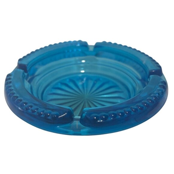Vintage Blue Glass Ashtray Textured Sunburst Design 4.5" Mid-Century Modern - Picture 1 of 7